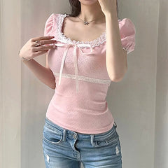 Voguable Coquette Aesthetic Jacquard Heart-shape T-shirt Women's Summer Y2K Japanese Kawaii Contrast Lace Stitching Bow Tops New voguable