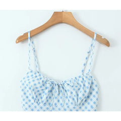 YENKYE Summer Women Sexy Thin Straps Blue White Plaid Sling Dresses Midi Long Pencil Dress Holiday Robe voguable