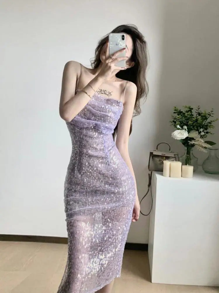 Voguable French Women Purple Sequins Sexy Club Spaghetti Strap Pleated Long Dress Summer Sleeveless Backless Birthday Evening Party Dress voguable