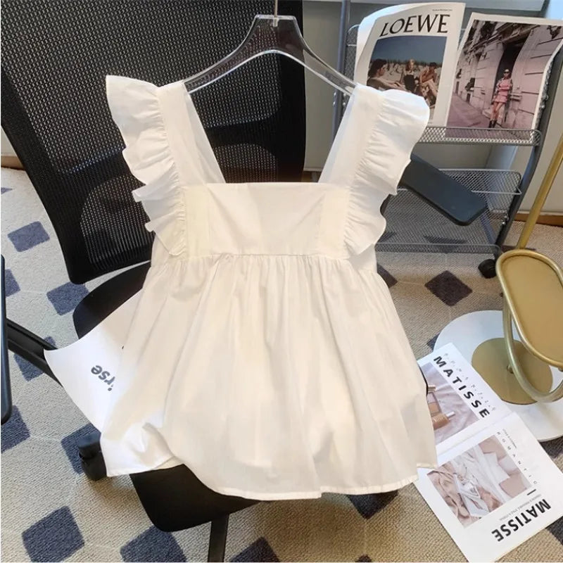 Voguable Elegant Sweet Square Collar White Blouses New Ruffles Flying Sleeve Shirts Summer Backless Bow Vest for Women voguable