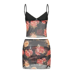Women's Summer Set Sleeveless V Neck Low Cut Cami Tops + Elastic Waist Flower Print Mini Skirt 2 Piece Outfits voguable
