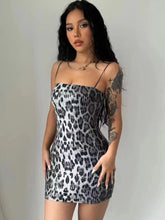 Leopard Print Spaghetti Shoulder Strap Square Collar Mini Dress Sparkly Sequins Summer Women Party Club Y2K Clothes