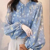 Voguable French-style Blue Floral Chiffon Blouse Spring New Fashion Unique and High Grade Long Sleeved Shirt for Women voguable