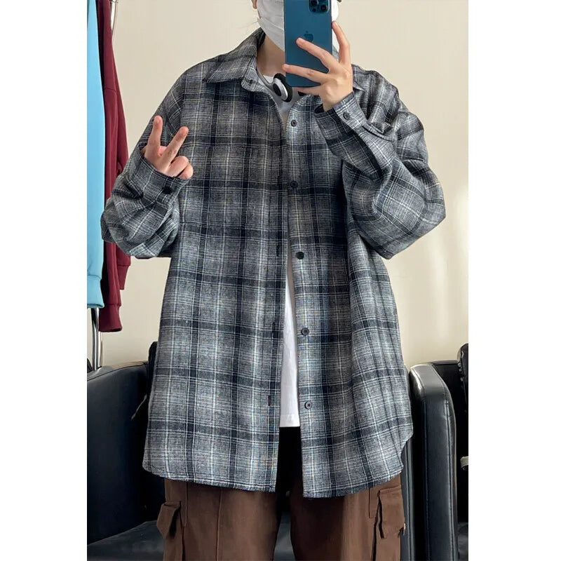 Spring Long Sleeved Shirt Men Oversized Retro Plaid Shirt Men Japanese Streetwear Loose Casual Shirt Mens Black Vintage Shirts voguable