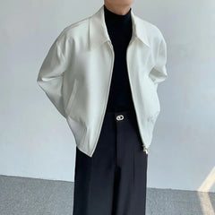 Autumn Men Clothing Men's Jacket White Shoulder Pad Coat High-end Solid Color Lapel Double Zipper Short Jackets for Men voguable