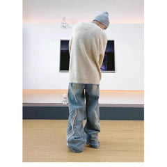 Men's Denim Pants Male Jeans Patchwork Personalized panhandler pants Straight Casual Menwear Loose Wide Leg Trousers New