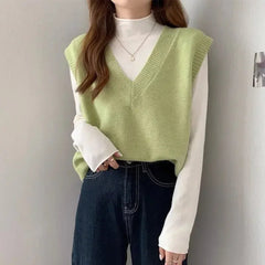 Women's Sweater Yellow Vest Short Knit Tops for Woman Green Crop V-neck Korean Style Winter Thermal Blouse Tall Long Sleeve Warm voguable