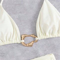 Voguable Metal Ring Halter String Triangle 3 Piece Bikinis Sets Brown Solid Swimwears Bottom Short Micro Thong Sexy Swimsuit Woman voguable
