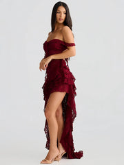 Lace Ruffle Sexy Maxi Dress Women Fashion Summer Off-shoulder Strapless Sleeveless Backless Beach Holiday Club Dress voguable