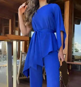 Voguable Women Two Piece Asymmetric Batshirta Tie Details Slim Waist Solid Tops Straight Elegant Commuting Casual Leg Wide Leg Pants Set voguable