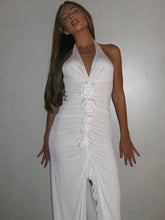 White Floral Ruched Sexy Maxi Dress For Women Gown Halter Deep V Neck Sleeveless Ruffled Bodycon Club Long Dress voguable