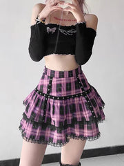 Mall Goth Gothic Lace Ruffle Mini Skirts Womens Harajuku Fairy Grunge Pink Plaid Pleated Skirt Japanese Lolita Streetwear voguable