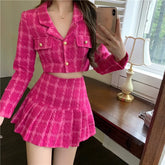 Voguable Matching Set Rose Pink Plaid Women Cropped Tweed Blazer High Waist Pleaste Mini Skirts Suits Ladies Fashion 2 Piece Sets voguable