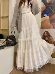 Elegant Lace Splicing Midi Skirt for Women Y2K Summer High Waist Chic Hollow Out A Line Skirts Korean Solid All-Match Long Skirt voguable