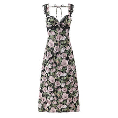 Women Rose Floral Print Sleeveless Midi Long Dress Backless V Neck High Waist A-line Summer Dress Lace Spliced Robe