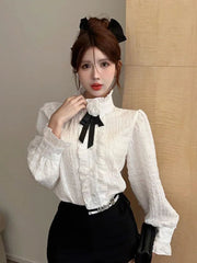 3D Floral Bow Shirt Women Elegant Long Sleeve Retro Korean White Blouse Casual Design Female Vintage Sweet Tops Spring New voguable