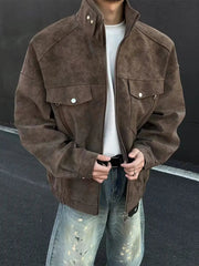 Street Zipper Jacket High-end Handsome Stand-up Collar Coat American 2025 Retro Handsome Work Jacket Loose Top Urban voguable