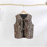Leopard Waistcoat y2k Clothes Women Round Neck Sleeveless Tie Up Cardigan Tops 2000s Aesthetic Clothing Streetwear voguable