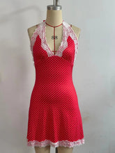 Voguable Women Polka Dot Halter Short Dress Lady Lace Trim Patchwork Off Shoulder Backless V-neck Dresses Holiday Beach Party Wear voguable