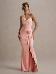 High Slits Irregular Collar Elegant Dress Women 3d Flowers Ruffles Lace-Up Halter Backless Temperament Banquet Vestidos voguable