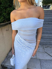 Off-shoulder Strapless Sexy Maxi Dress Women Summer Fashion Sleeveless Backless Lace See Through Club Party Long Dress voguable