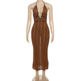 Voguable Deep V-Neck Sexy Halter Backless Knitted Dress Women Summer Fashion Hollow Out Drawstring Bandage Long Maxi Sweater Dresses voguable