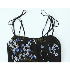 Summer Women French Style Retro Floral Print Sling Dresses Sexy Hem Slit High Waist A-line Midi Dress Holiday Robe