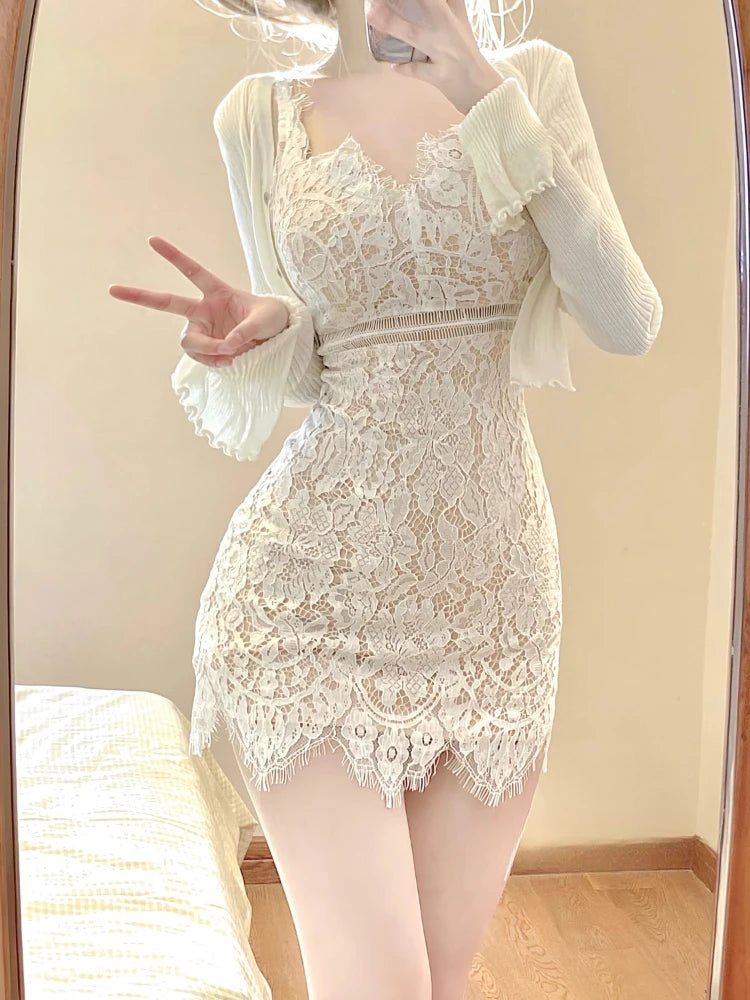 Voguable  Autumn Elegant Lace Clothing Suit Woman Korean Fashion 2 Piece Set Slim Y2k Mini Dress + Casual Short Cardigan Office Lady voguable