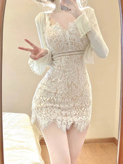 Voguable  Autumn Elegant Lace Clothing Suit Woman Korean Fashion 2 Piece Set Slim Y2k Mini Dress + Casual Short Cardigan Office Lady voguable