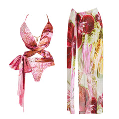 3Pc Shell Bikini Sexy Women Swimsuit With Long Skirt Mirco Swimwear High Cut Biquini Female Bathingsuit Print Bodysuit Beachwear voguable