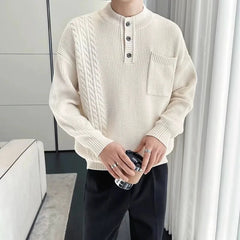 Korean Popular Men's Henry Collar Sweater Light Luxury Knit Long Sleeve Button Pullover Trending Jacquarded Solid Color Knitwear voguable