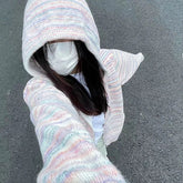 Japanese Y2k Rainbow Striped Kawaii Cardigans Women Autumn All Match Hooded Sweaters Loose Zipper Grunge Knitted Coat Pull Femme voguable