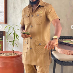 Voguabl 2024 Summer Short Sleeve Tops Pockets Pants Single Breasted Tuxedo 2PCS Men's SetsAfrican Ethnic Casual Kaunda Suit Wedding Wear voguable