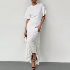 Dresses Spring Summer Simple Elegant Solid Color Short Sleeve Round-Neck Maxi Party Lettuce Trim Dresses For Women voguable