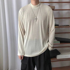 Long Sleeved T-shirt Men Casual Pleated T Shirt Men Japanese Streetwear Loose Ice Silk T Shirt Mens Stand Up Collar Tshirt voguable