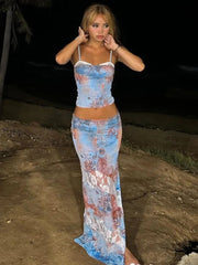 Colorful Fashion Print 2 Piece Set Women Sexy Backless Camisole+Mesh Patchwork Long Skirts Vacation Streetwear Outfits voguable