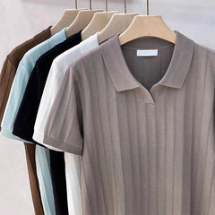 New Men's Clothing Luxury Business V Neck Polo Shirt Casual Slim-fit Knitted Solid Color Short Sleeve T-shirt High Quality Tops voguable
