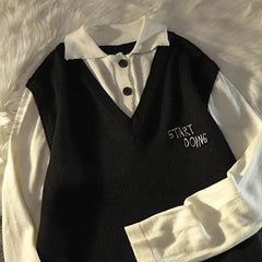 Voguable Japanese Fake Two Piece Kawaii Sweater Men Women Korean Style Loose College Couple Wear Casual Blouse Lazy Wind Knitted Jackets voguable