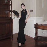 Voguable Sexy Black Long Slim Dress Women Summer Elegant Turtleneck Sleeveless Bodycon Vestidos Evening Club Party Chic French Trumpet voguable