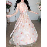 Voguable Hanging Neck Fairy Dress For Women New Summer Sleeveless Floral Long Dress French Style Vacation Party Dress voguable