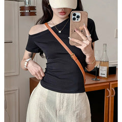 Solid Off Shoulder Short Sleeve T Shirt Simple Basic Sexy Single Sleeved Jumper Top Streetwear Slim Fit Female Y2K Clothes Tees voguable