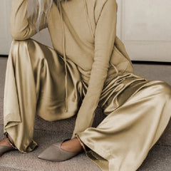 Summer Elegant Bottoms Female Green Loose Original Solid Color Casual Hoodies&Wide Leg Pants Two Pieces Set for Women New voguable