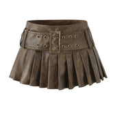 Korean Fashion Faux Leather Skirts For Woman Mini Skirts Low Waist Summer Vintage PU Leather Pleated Skirt With Belt Brown Pbong