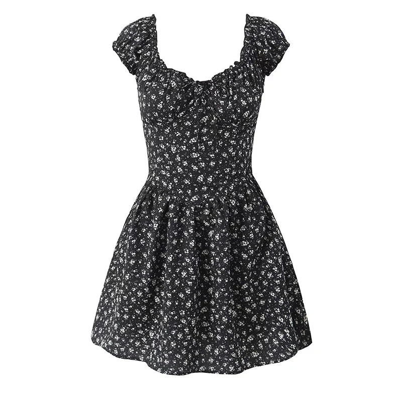 French Style Floral Print Dress Women Sexy V Neck Short Sleeve A-line Mini Summer Dresses Casual Holiday Robe
