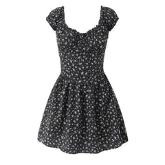 French Style Floral Print Dress Women Sexy V Neck Short Sleeve A-line Mini Summer Dresses Casual Holiday Robe