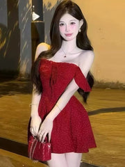 Women's Sexy Hotgirl Dot Dresses Summer French Slash-Collar Slim Fit Hollowed Waist Lace-up A-Line Short Skirt 2025 New Fashion voguable