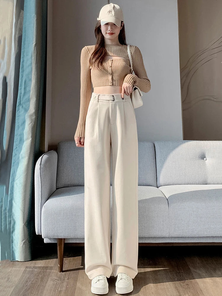 Fall Winter Woolen Suit Pants Women High Waist Loose Casual Wide-Leg Trousers Y2K Solid Korean Chic Office Lady Straight Pants voguable