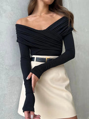 Voguable Fashion Cross V Neck Tops for Women Off Shoulder Sexy Long Sleeves T-Shirt Streetwear Ladies Black Slim Tee Shirt Korea voguable