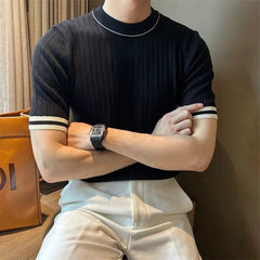 Men's Clothing Fashion Patchwork Tops Luxury High Quality Knit O Neck Short-sleeved T-shirt Leisure Popular Retro Slim Knitwear voguable