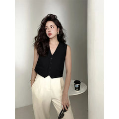 Elegant Cropped Blazer Vest Women Vintage Black Suit Waistcoat Jackets Korean White Sleeveless Coat V Neck Outwears Tops voguable